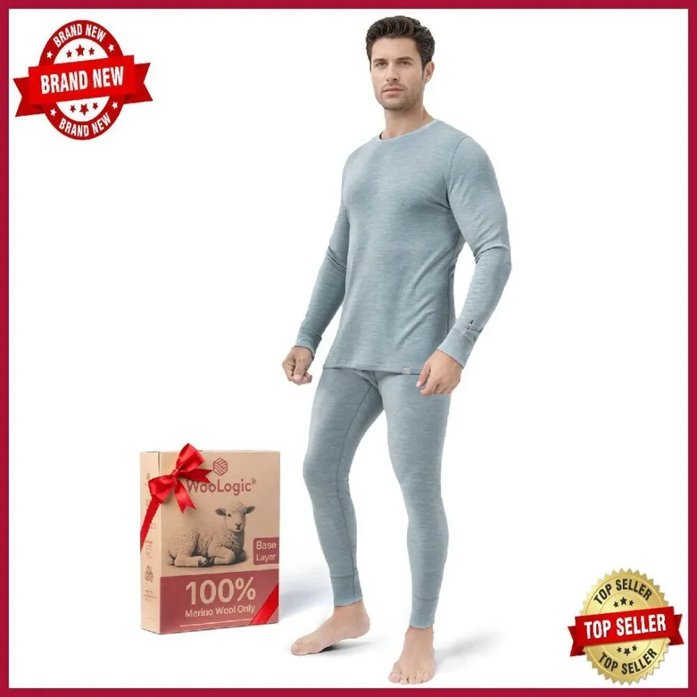Men's Merino Wool Base Layer Set Thermal Top Bottom Cold Weather